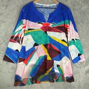 Jess & Jane Shirt Womens Large Blue‎ Red Abstract Art To Wear Tunic